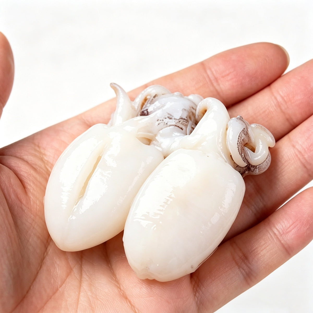 Hand holding two cleaned baby cuttlefish