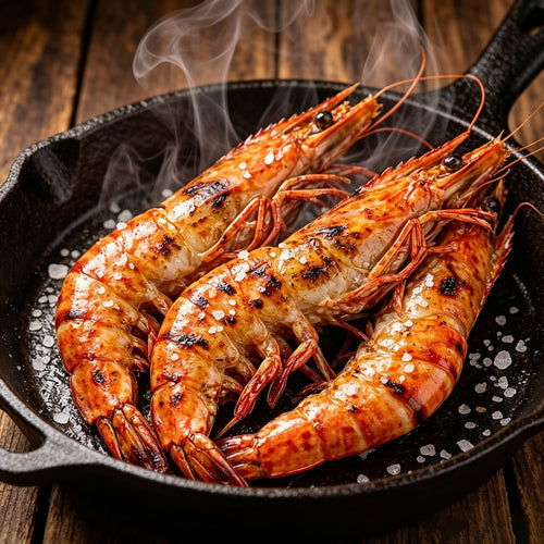 Grilled giant tiger prawns in a cast iron skillet