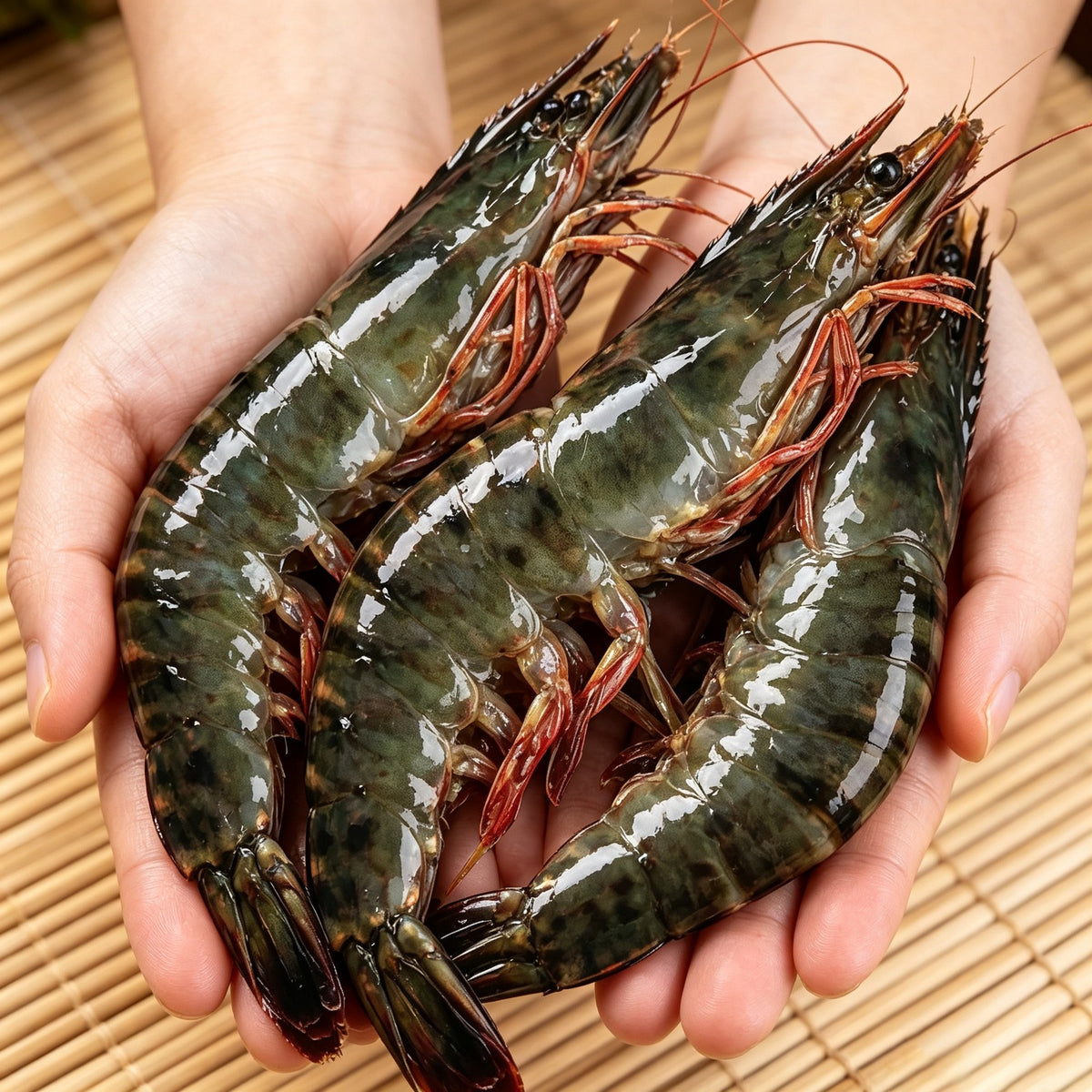 Raw giant tiger prawns with striped shells held in hand