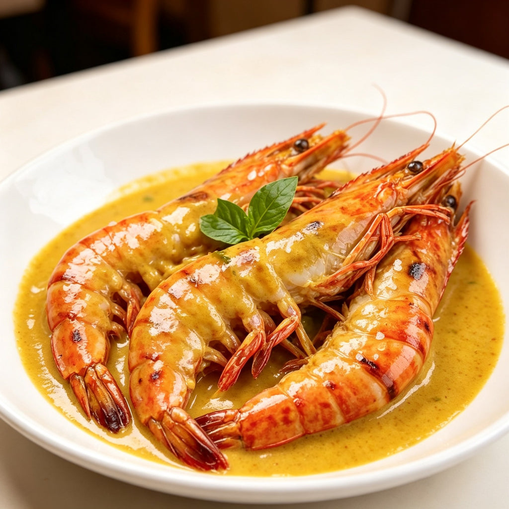 Giant tiger prawns in a golden curry sauce