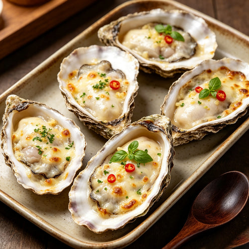 Baked oysters with garlic butter on a tray
