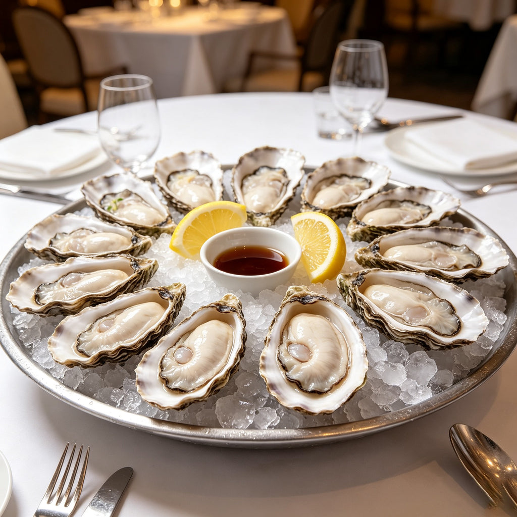 Oyster platter on ice with dipping sauce at a set table