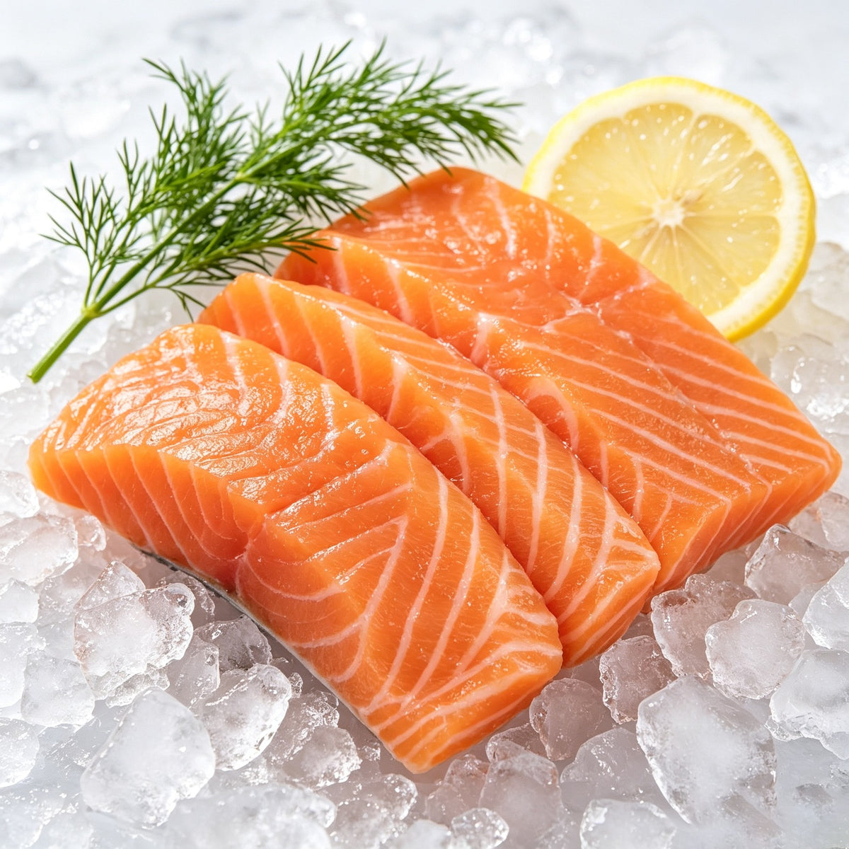 Sliced salmon fillet on crushed ice with lemon and dill