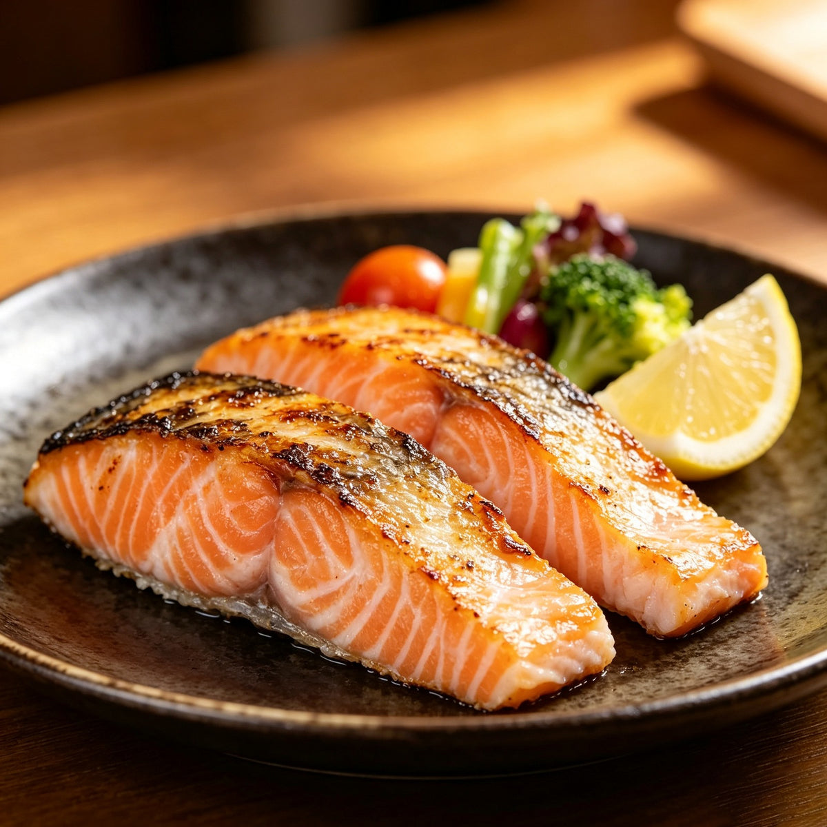 Pan-seared salmon fillet with vegetables and lemon