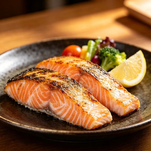 Pan-seared salmon fillet with vegetables and lemon