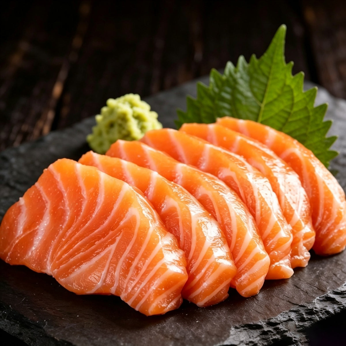 Salmon sashimi slices on a black slate with wasabi