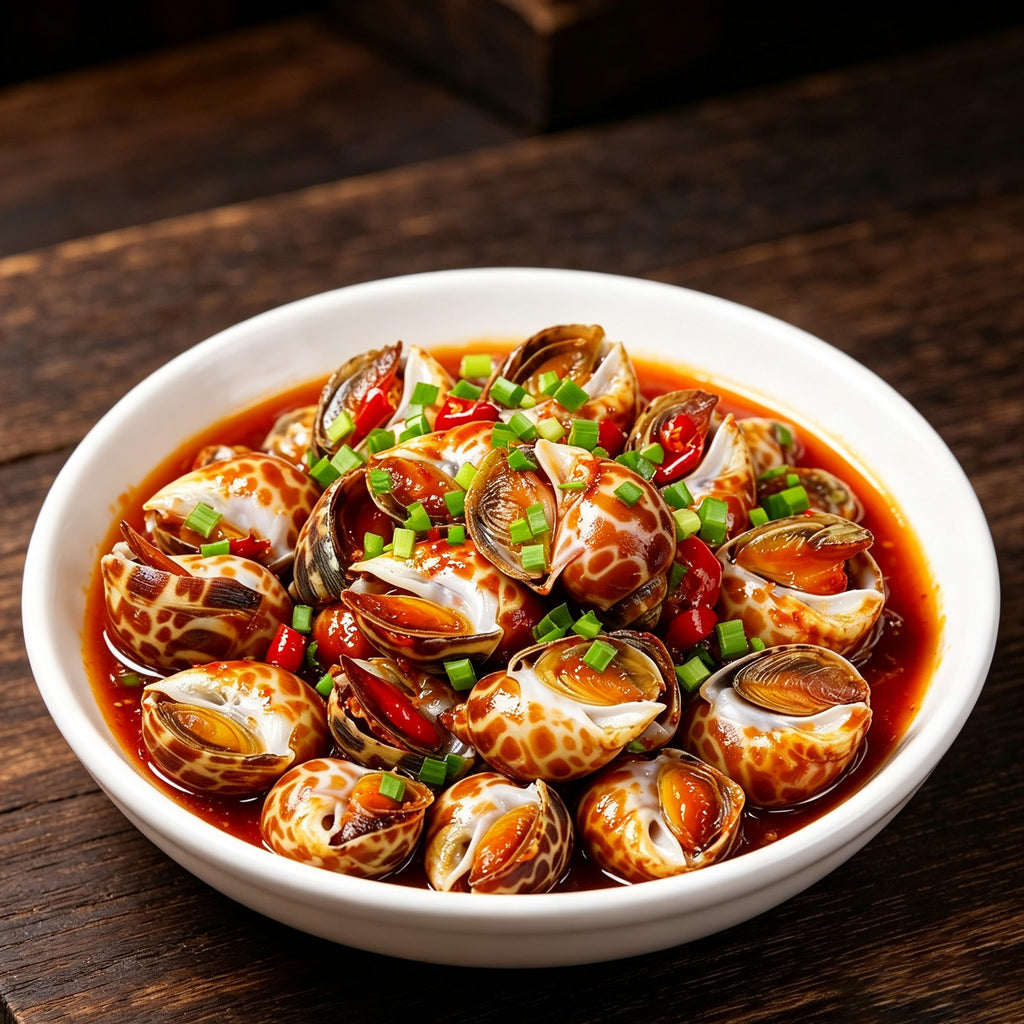 Spicy stir-fried spotted babylon snails in a white bowl