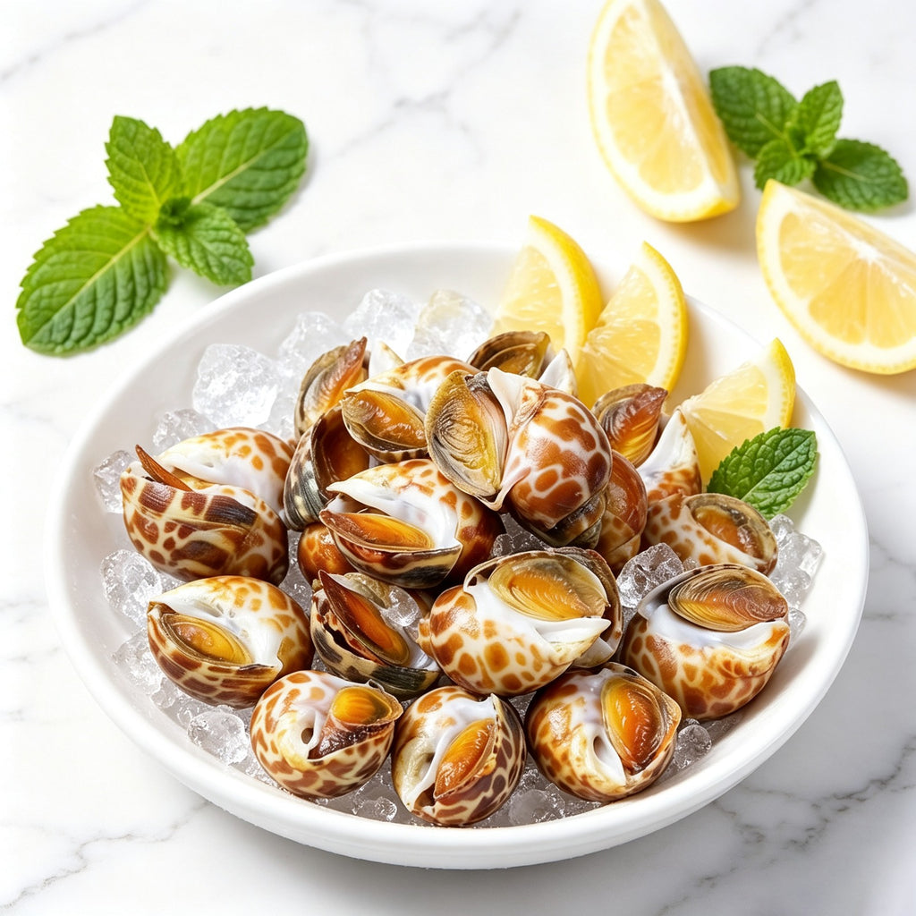 Chilled spotted babylon snails on ice with lemon and mint