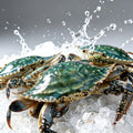 Whole blue swimming crabs resting on crushed ice with a splash of water
