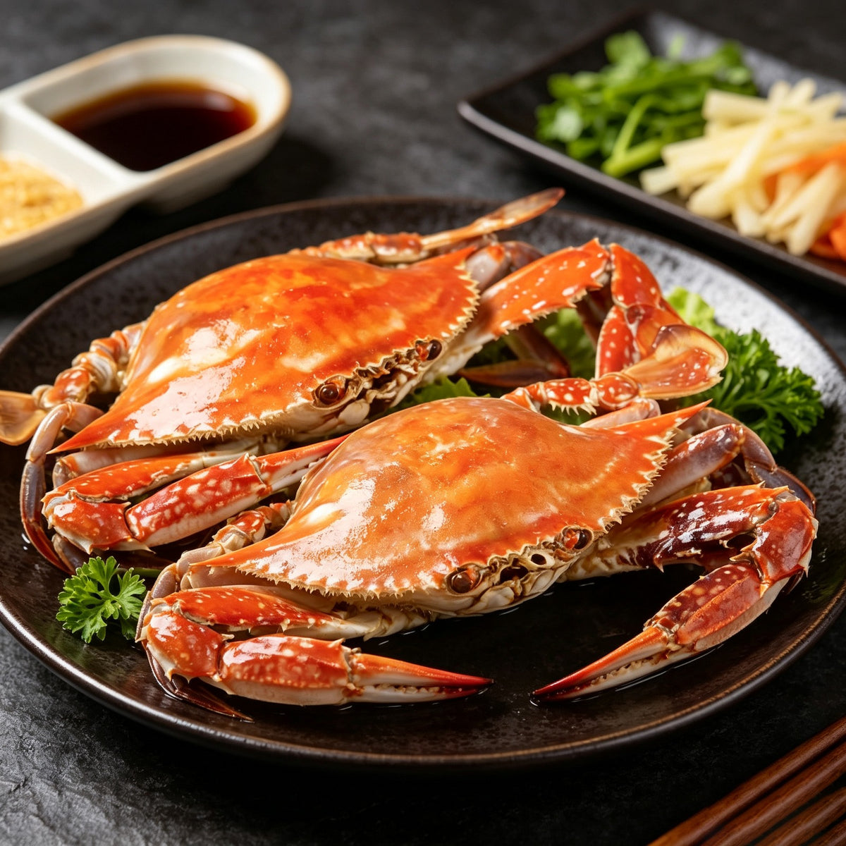 Steamed swimming crabs plated with dipping sauce and greens