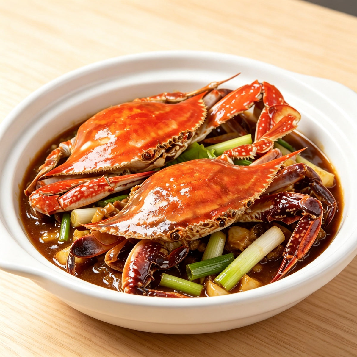 Braised swimming crab in a white bowl with scallions