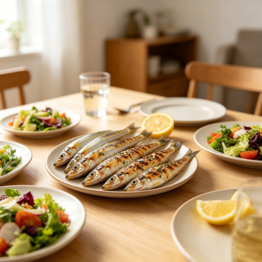 Grilled whitebait smelt on a dining table with salads