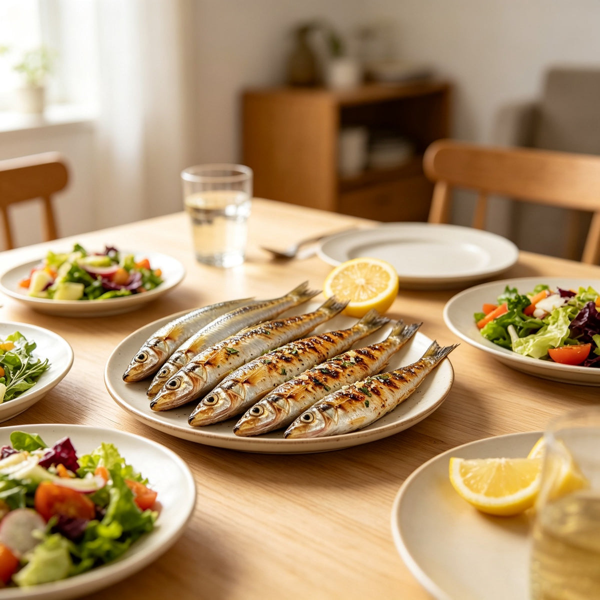 Grilled whitebait smelt on a dining table with salads