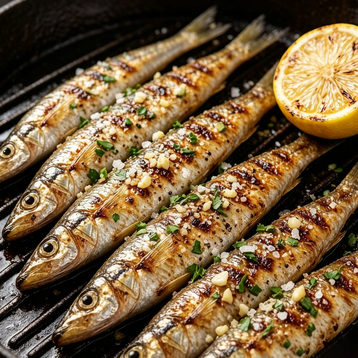 Chargrilled whitebait smelt with herbs and lemon on a grill