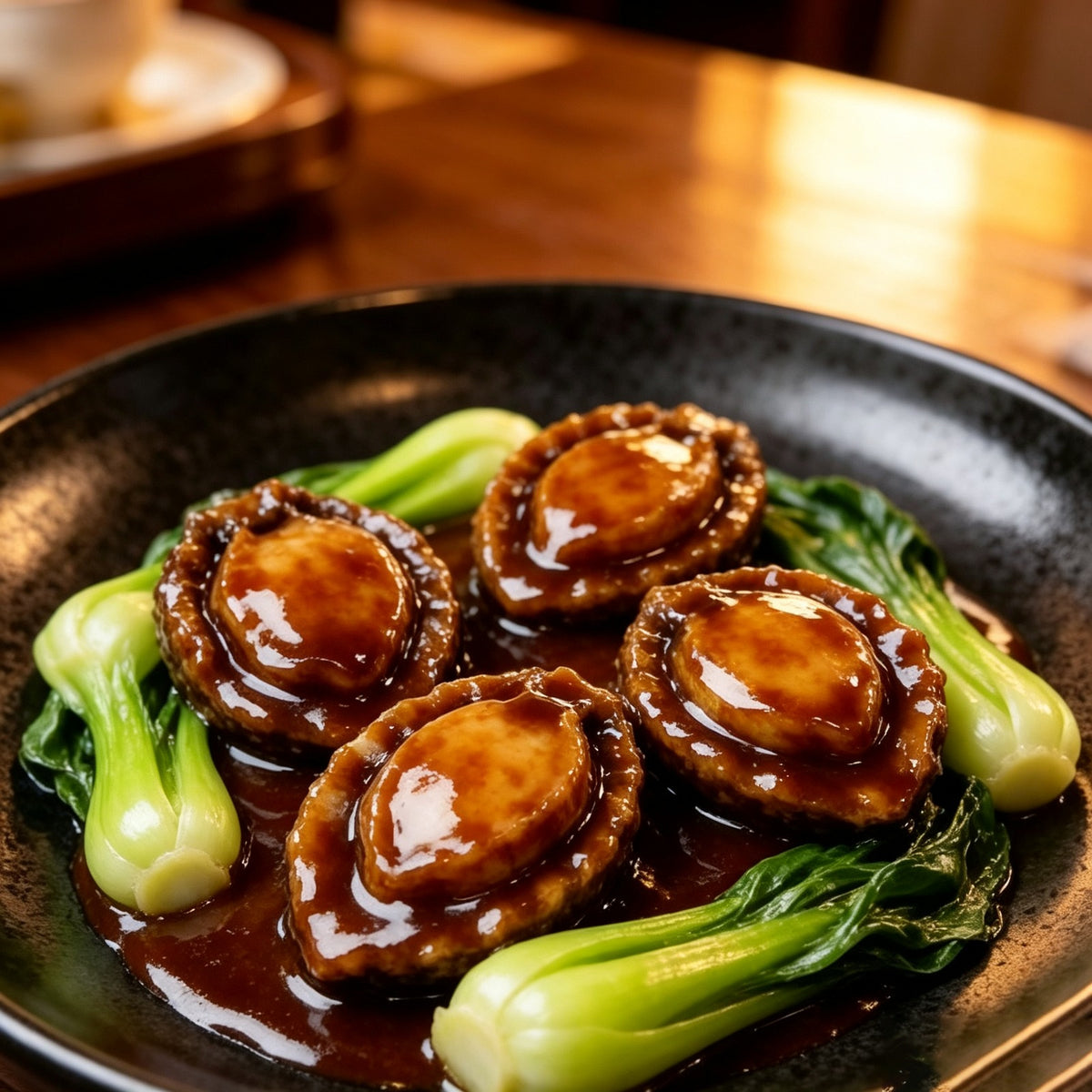 Braised abalone with bok choy on a dark plate