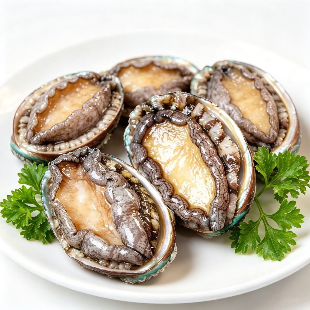 Whole abalone arranged on a white plate with parsley